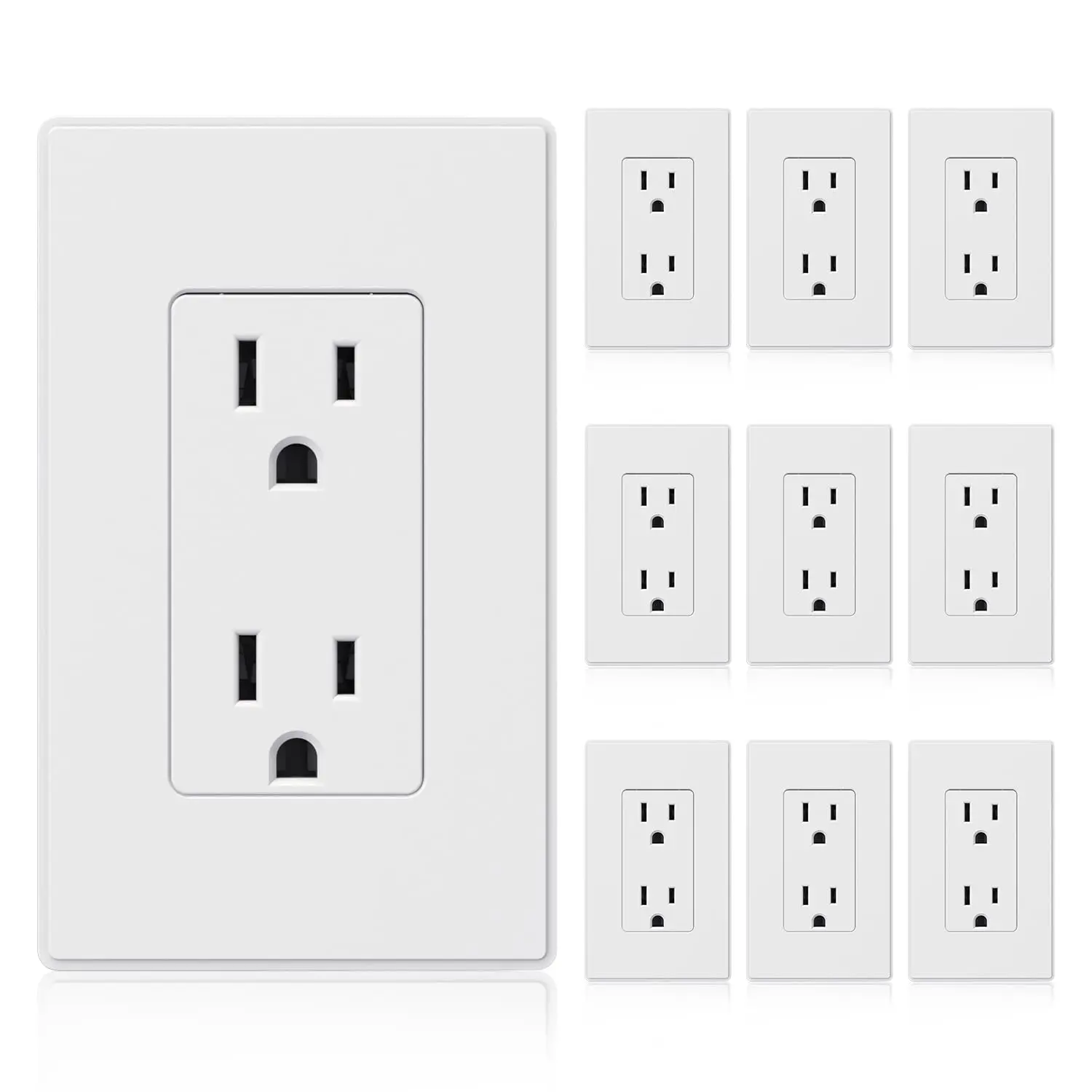 Matte White Standard Decorator Electrical Wall Receptacle Outlet, 15A 125V, 2 Pole 3 Wire, Non-Tamper Resistant, NEMA 5-15R, Self-Grounding, Wall Plate Included, UL Listed, 10 Pack