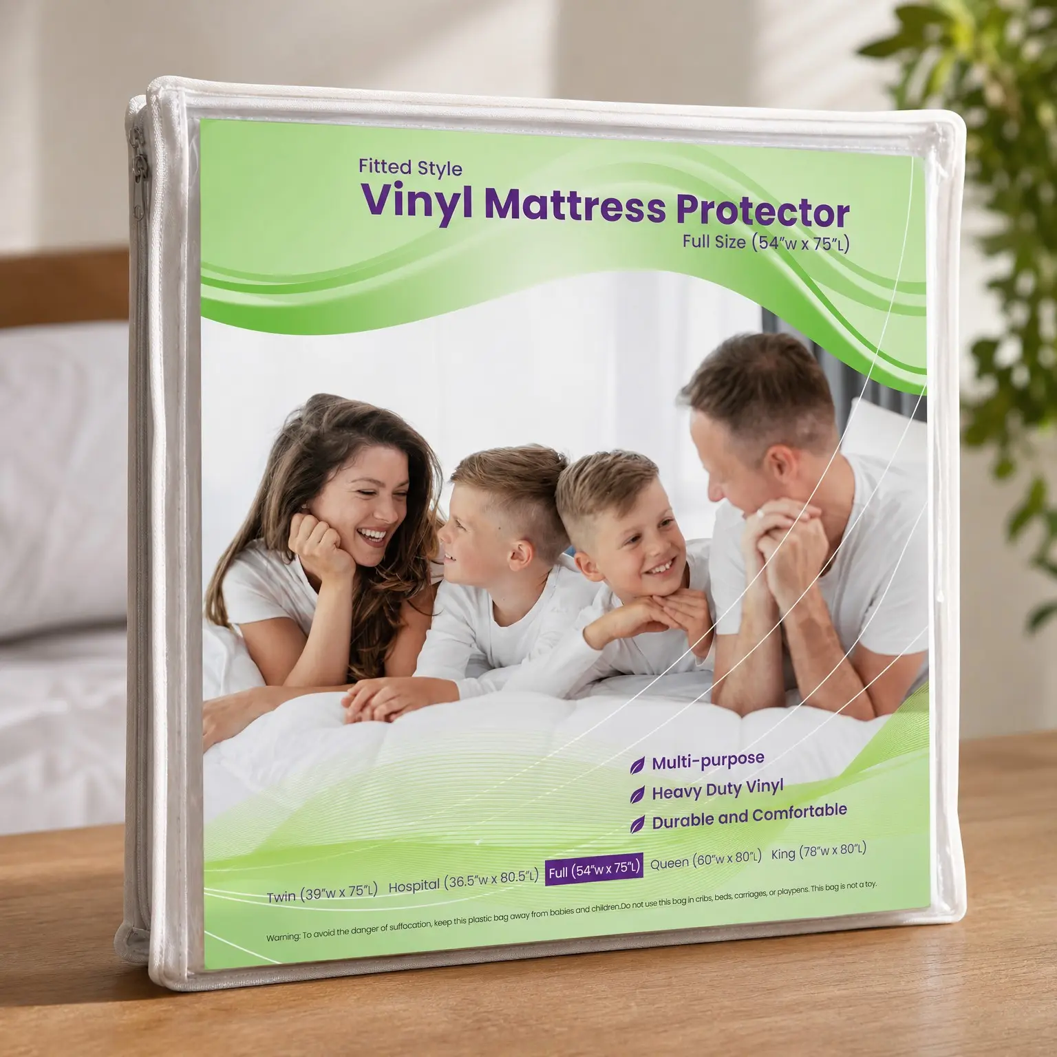 Waterproof Vinyl Fitted Mattress Protector - White Plastic Mattress Cover Sheet, Full Size, 1 PackGift