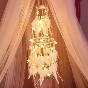 Double Circle White Feather Dream Catcher with Mobile LED Fairy Lights Wall Hanging Ornaments Ceiling Decor for Bedroom Wedding Boho Chic Party Nursery Decorations