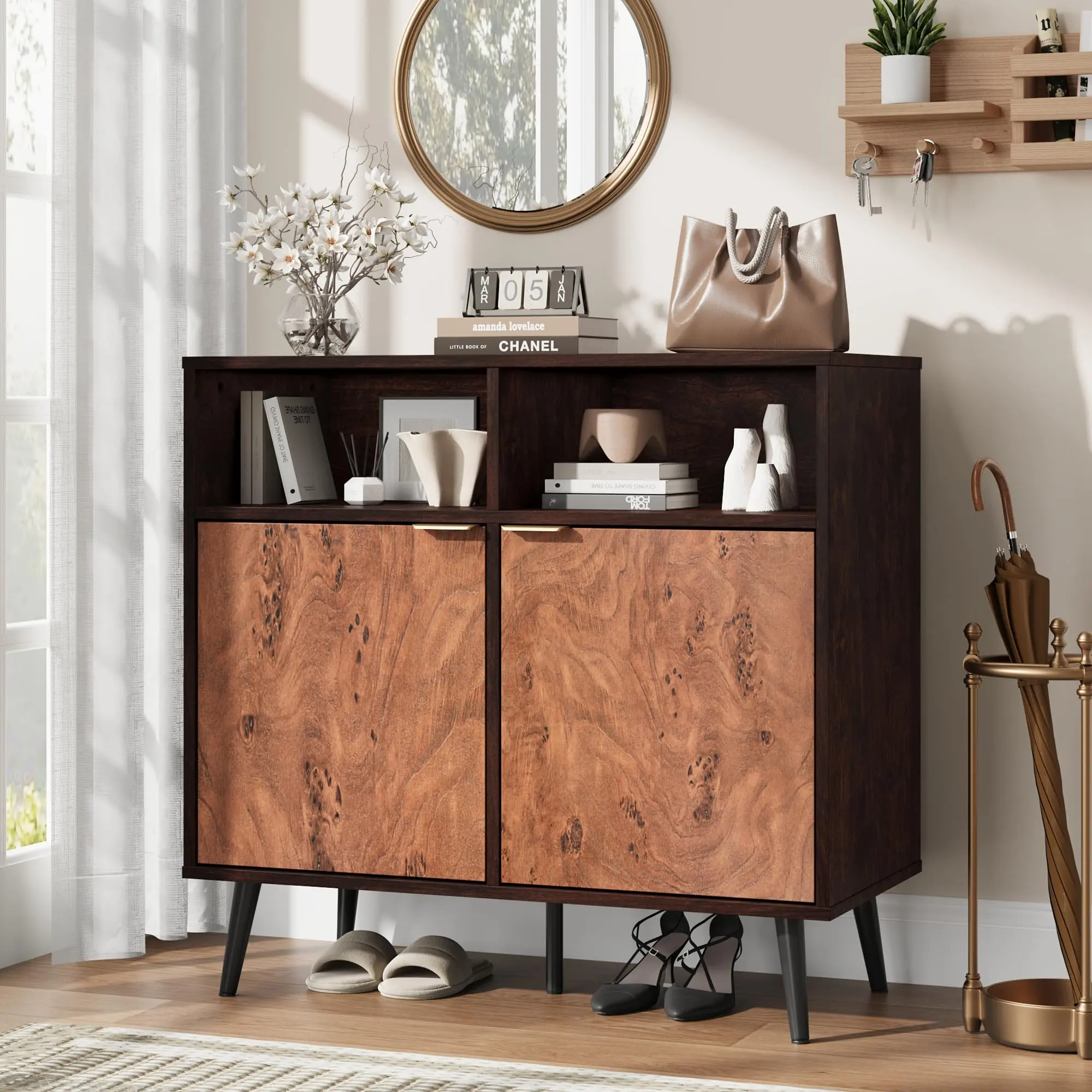 Industrial Style Sideboard Buffet Cabinet, 31.5" Credenza with Drawers, Doors and Adjustable Shelves, Rustic Brown & Black Storage Cupboard for Dining Room, Kitchen, Living Room & Entryway