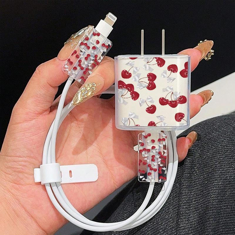 Cherry Pattern Phone Case with Charger Head Cover & Cable Protector & Storage Rope, Protective Anti-drop Phone Case for iPhone 6/7/8/X/XS/XR/XS Max/11/12/13/14/15/16 Pro Max, Casing