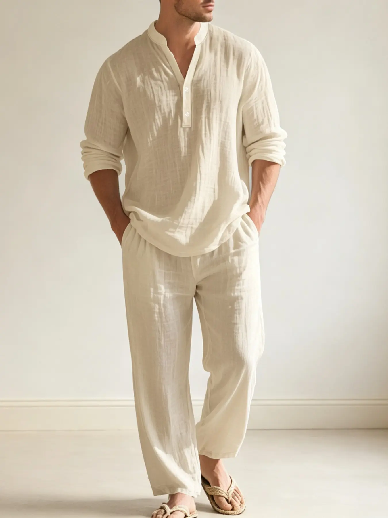 Men's Linen Cotton 2 Piece Summer Beach Matching Tracksuit, Mandarin Collar Henley Long Sleeve Shirt & Drawstring Loose Straight Casual Pants, Lightweight Breathable Loose Vacation Casual Wear, 7 Colors Plus Sizes S-3XL In Stock