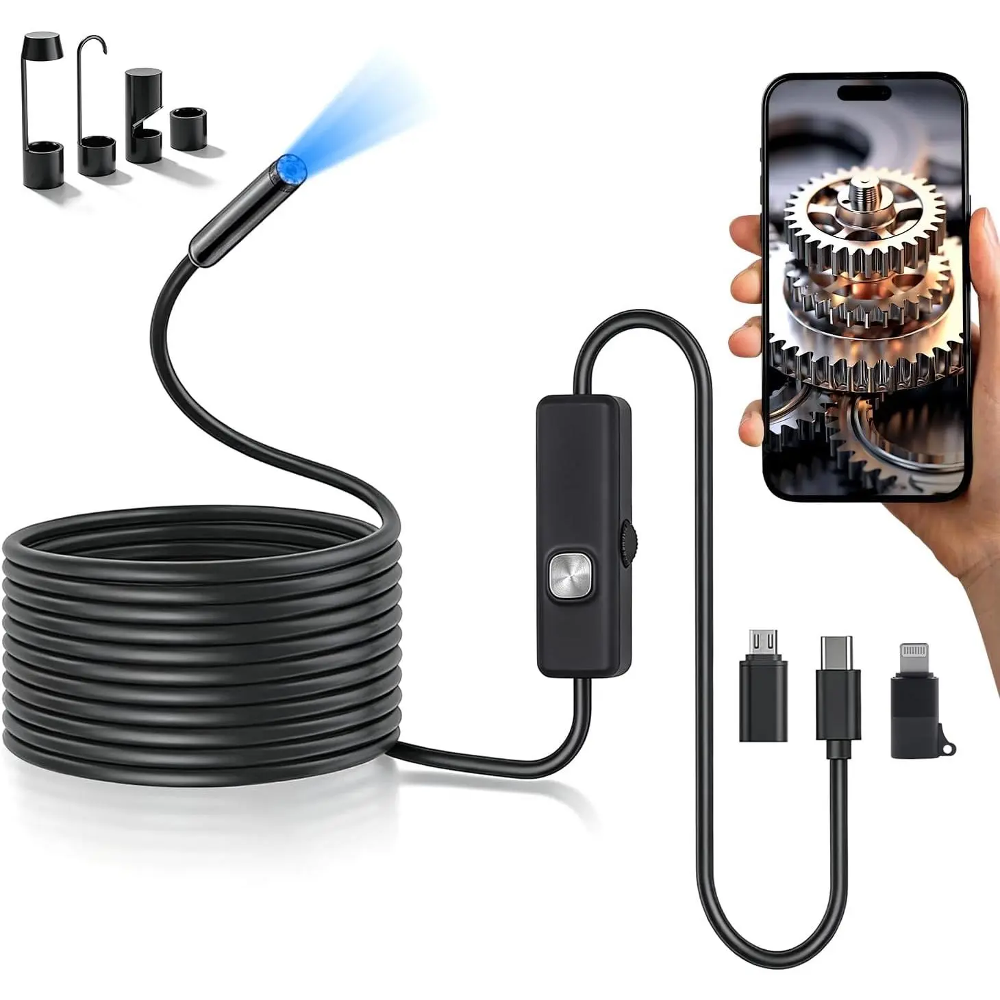 Endoscope Camera with Light, 1920P HD Borescope with 8 LED Lights, Endoscope with Semi-Rigid Snake Camera, Inspection Borescope for iOS and Android 16.4ft Single Lens
