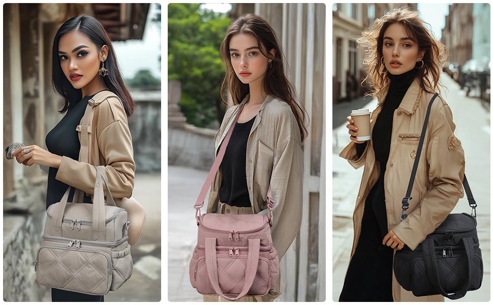 Lunch Bag Women Double Deck Quilted Puffer Insulated Lunch Cooler Leakproof Durable Reusable For Work Picnic Meal Prep