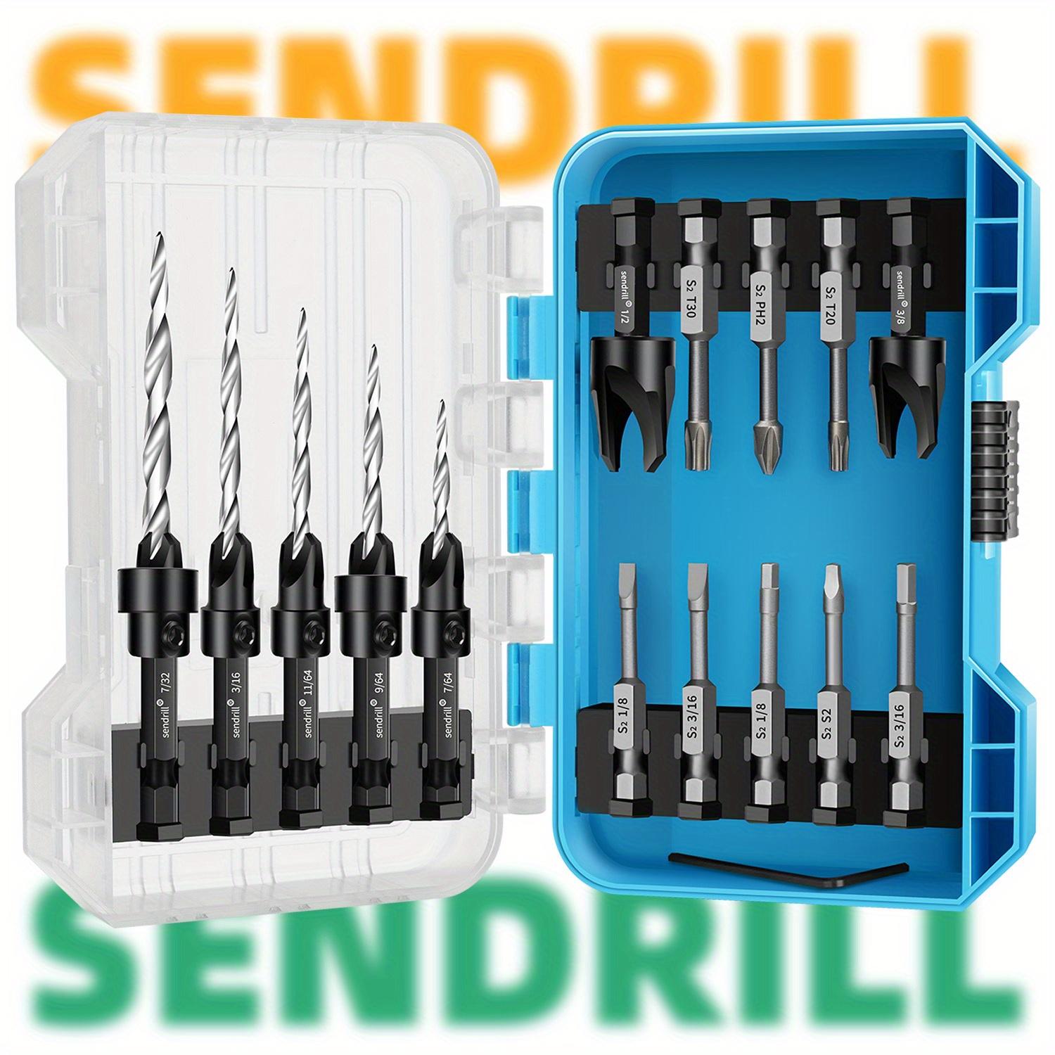 SENDRILL 17pcs Countersink Drill Bits Set, Tapered Drill Bits For Wood, With Phillips Screwdriver Bits, 2PCS Wood Plug Cutter, HSS, Precision Depth Control, 1/4" Hex Shank Quick Change for Woodworking with Storage Box (with One L-Wrench)