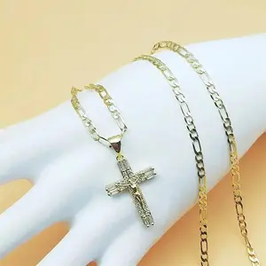 2026 Summervibes Unisex 14K Gold Plated Crucifix Necklace, Cubic Zirconia Jesus Cross Pendant With 60cm Figaro Chain, Copper Religious Jewelry For Daily Wear, Church Occasions & Faith Holiday Gifting