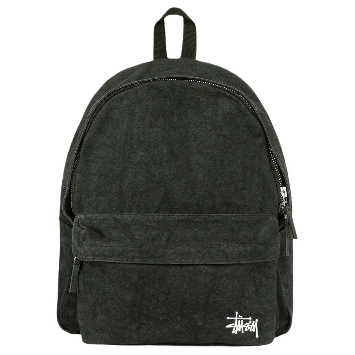 Stussy Logo Zippered Cotton Canvas Backpack for Men and Women, Casual Style in Washed Black