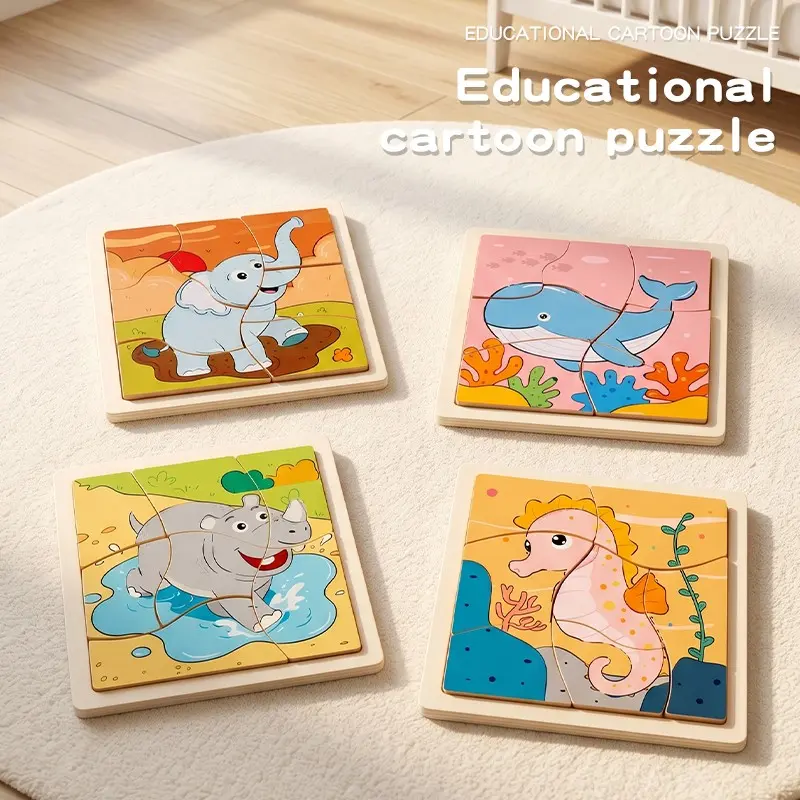 Wooden Ocean Animal Puzzle Set, Hippo Seahorse Dolphin Elephant, 4 Options, Early Learning Educational Toy for Toddlers and Babies