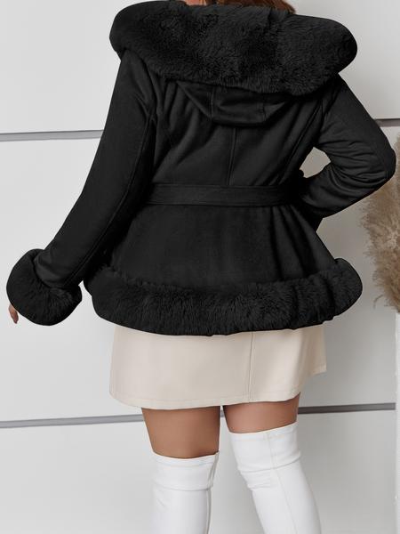 Women's Winter Warm Elegant Faux Fur Patchwork Coat, Plus Size Commuter Casual Hooded Woolen Overcoat with Belt, Long Sleeve