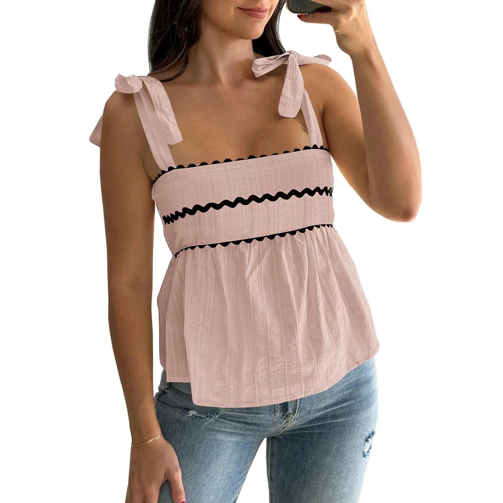 Tankaneo Womens Cute Tank Tops Summer Casual Peplum Babydoll Square Neck Tie Strap Backless Shirts