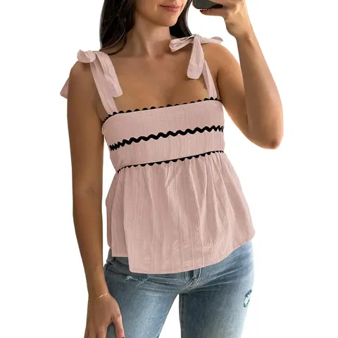 Tankaneo Womens Cute Tank Tops Summer Casual Peplum Babydoll Square Neck Tie Strap Backless Shirts