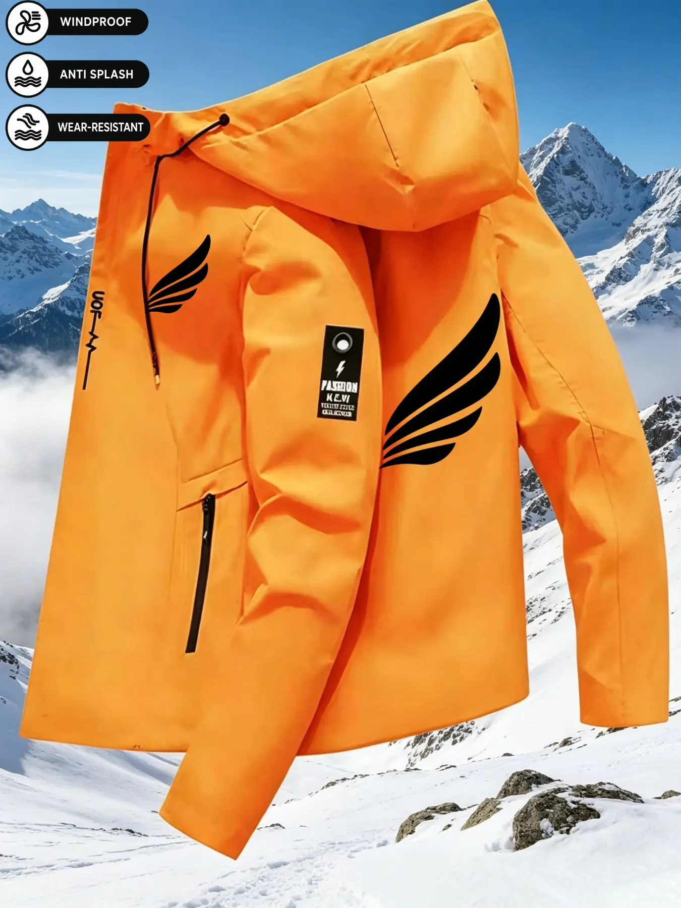 Men's Wing Print Hooded Jacket, Windproof Waterproof Durable Outdoor Full Zipper Coat, Waterproof Windproof Outerwear, Ideal for Hiking Camping Daily Wear