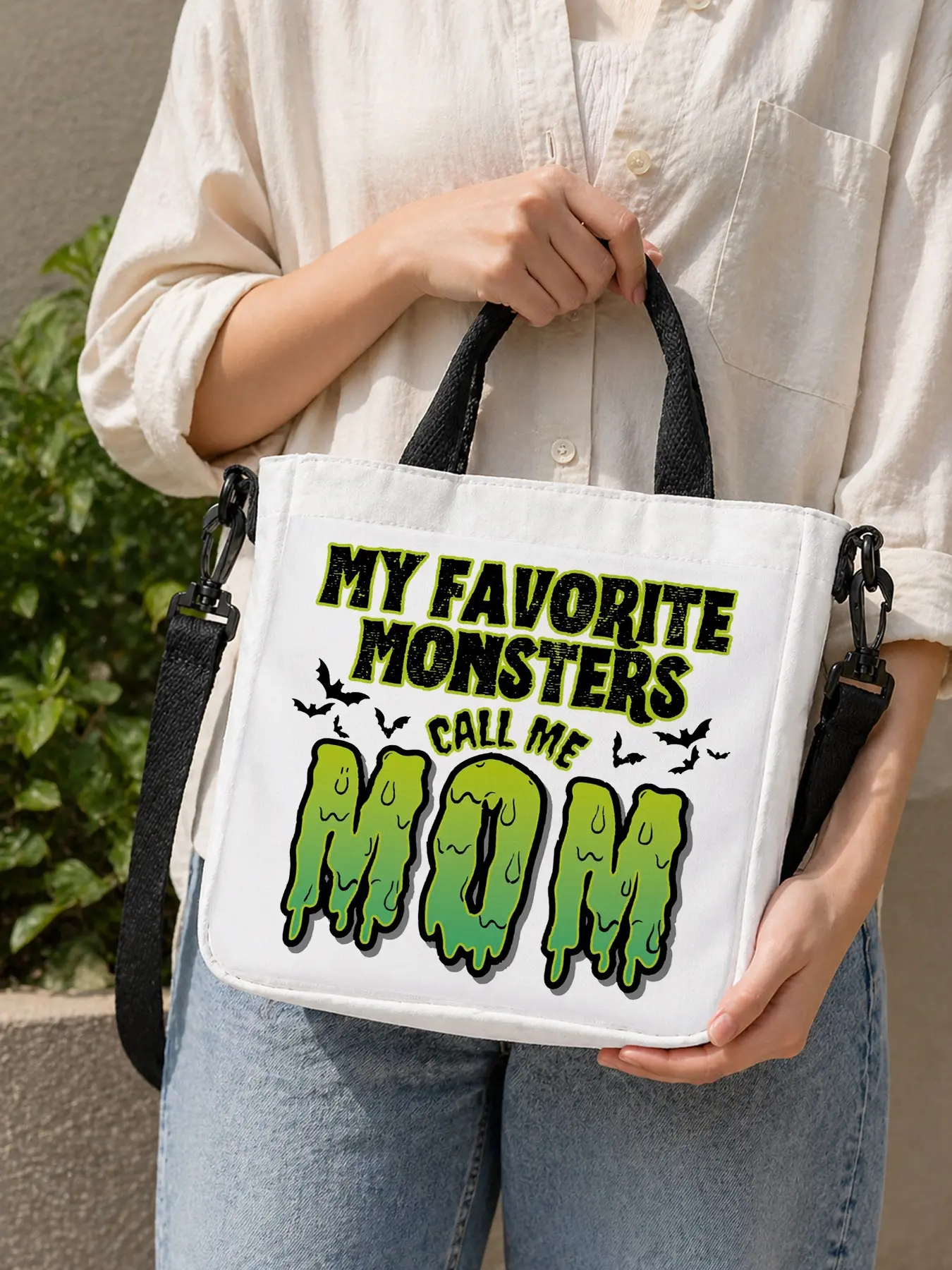 Monster Mom Canvas Tote Bag for Women, White Funny Graphic Crossbody Shoulder Bag, My Favorite Monsters Call Me Mom Handbag, Cute Spooky Daily Shopping Bag, Mother’s Day Gift, Halloween Gift, Birthday Gift