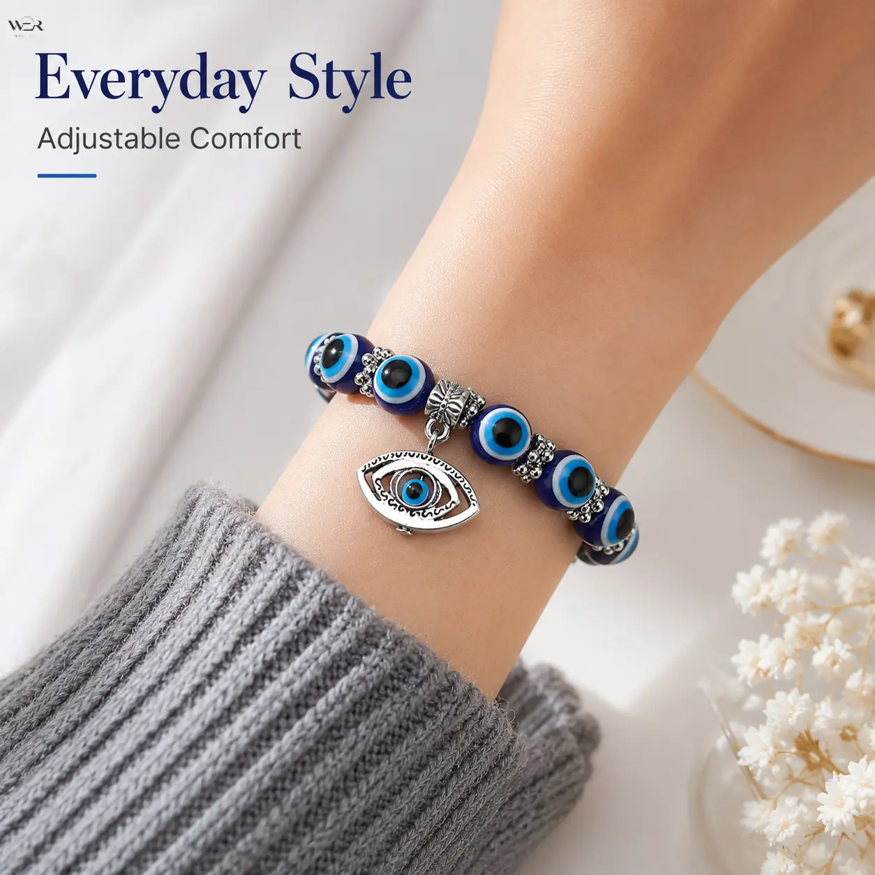 Women's Classic Blue Evil Eye Round Beaded Stretch Bracelet Jewelry - Adjustable Elastic Wrist Band, 1 Size, Carved Alloy Metal Charm, Engraved Symbol, Lucky Protection Lightweight Amulet Gift for Daily Wear, Evil Eye Charm