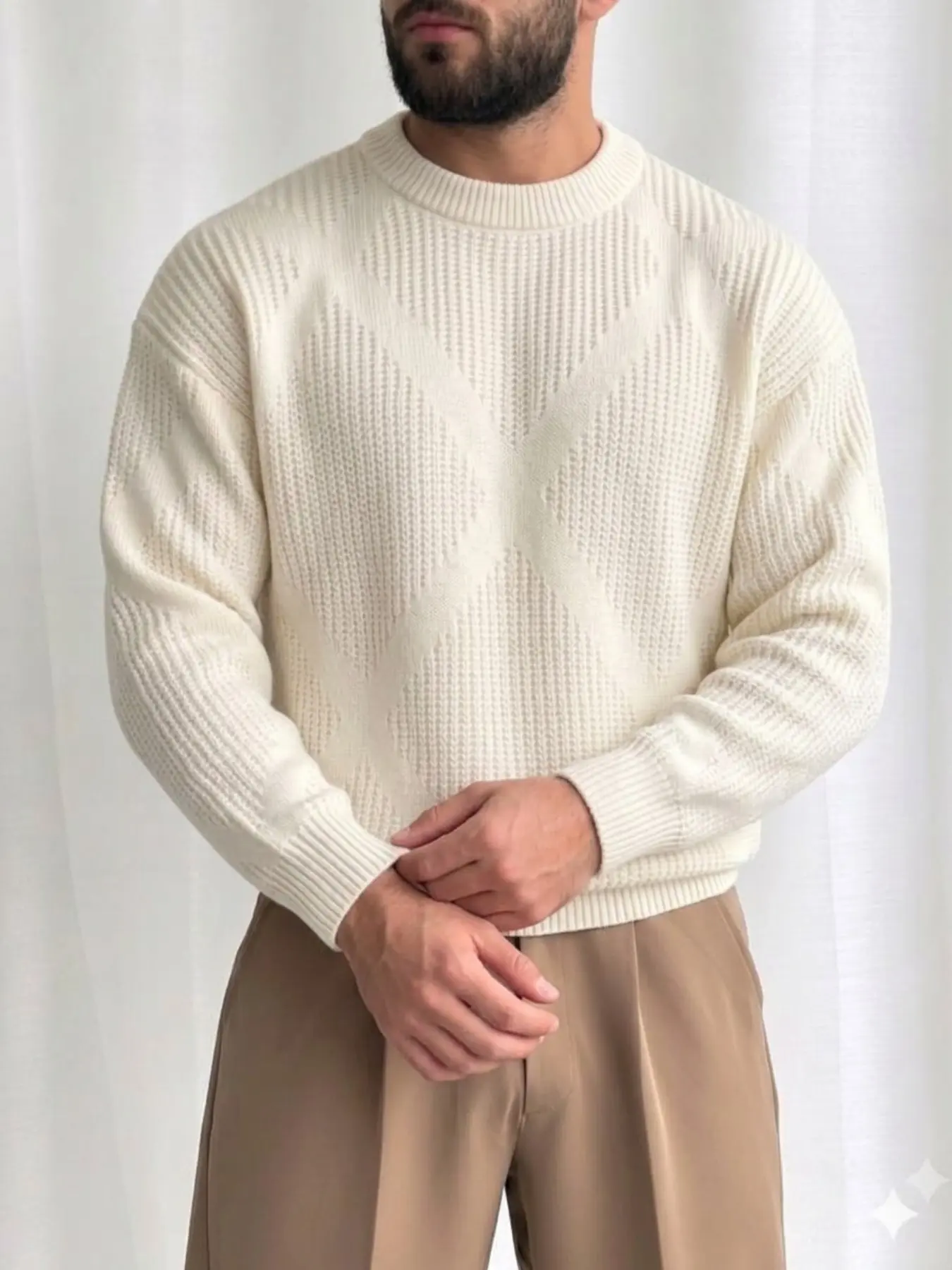 Men's Fall Winter Casual Loose Fit Knit Pullover, Plain Houndstooth Pattern, Long Sleeve Round Neck, Korean Style Commuter Wear, Menswear
