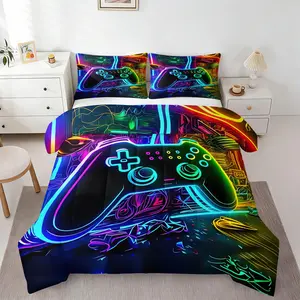 2/3Pcs Neon Game Controller Comforter Set, Colorful Gaming Print Quilt Bedding Set with Pillowcases, Soft Lightweight Fluffy Bedding for Teen Boys Bedroom, Dorm, Game Room, All Season Gamer Gift