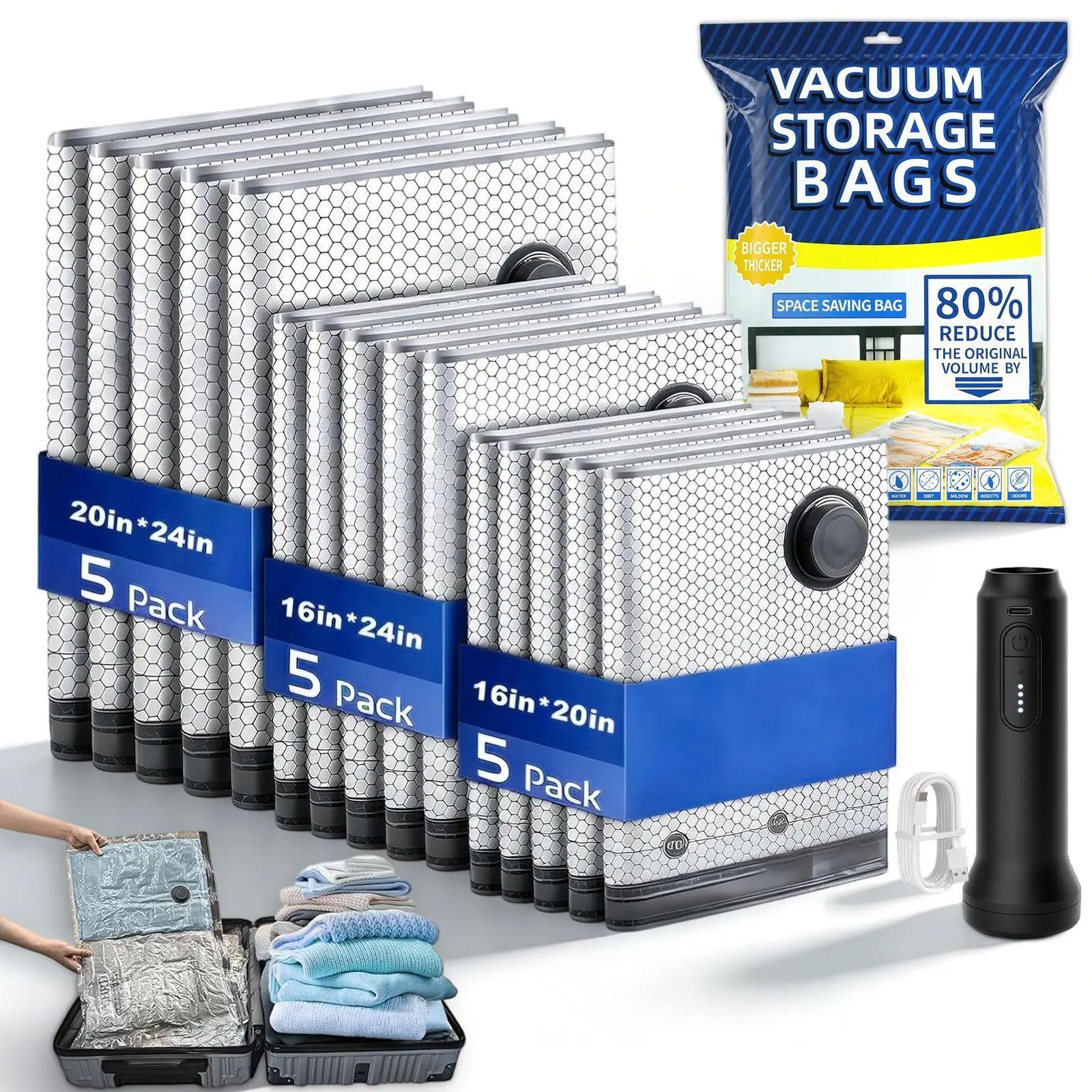15-Pack Dual-Zipper Seal PA+PE Fabric Space Saver Bags with Rechargeable Pump - Fits 20" Luggage, Home Organizer for Clothing & Travel Essentials, Travel & Home