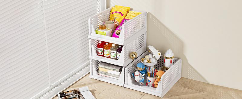 7CODE 5 Pack Stackable Closet Storage Basket, Multifunctional & Foldable Closet Organizer for Bathroom Kitchen Laundry Room Wardrobe Storage, Space-Saving Clothes Storage Drawer Organizer, White