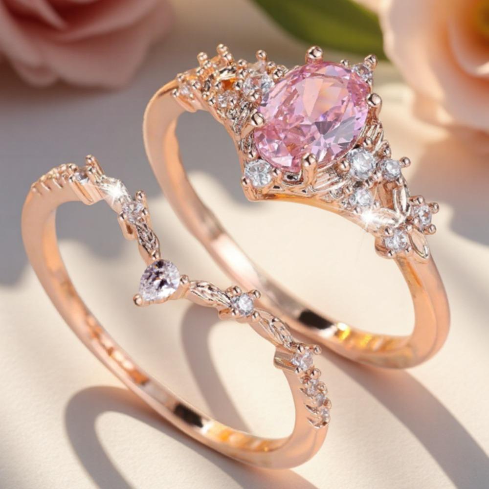 Cute Dainty Pink Flower Synthetic Zirconia Couple Rings, Promise Stacking Birthstone Rings, Golden Engagement Wedding Jewelry, Valentine's Day Mother's Day Christmas Gift
