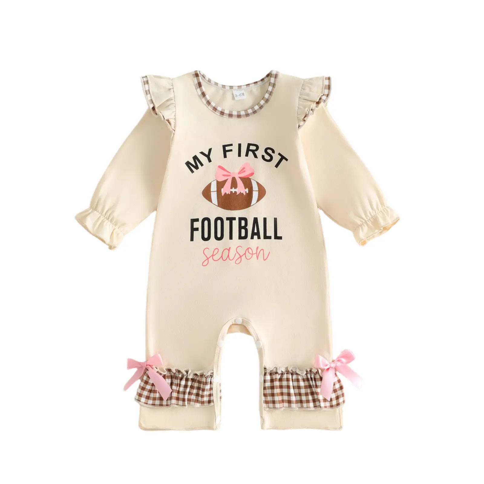 Infant Baby Girl Football Romper with Bows Printed Ruffled Long Sleeve Jumpsuits, Long Sleeve Shirt, Football Print, Bow Accents