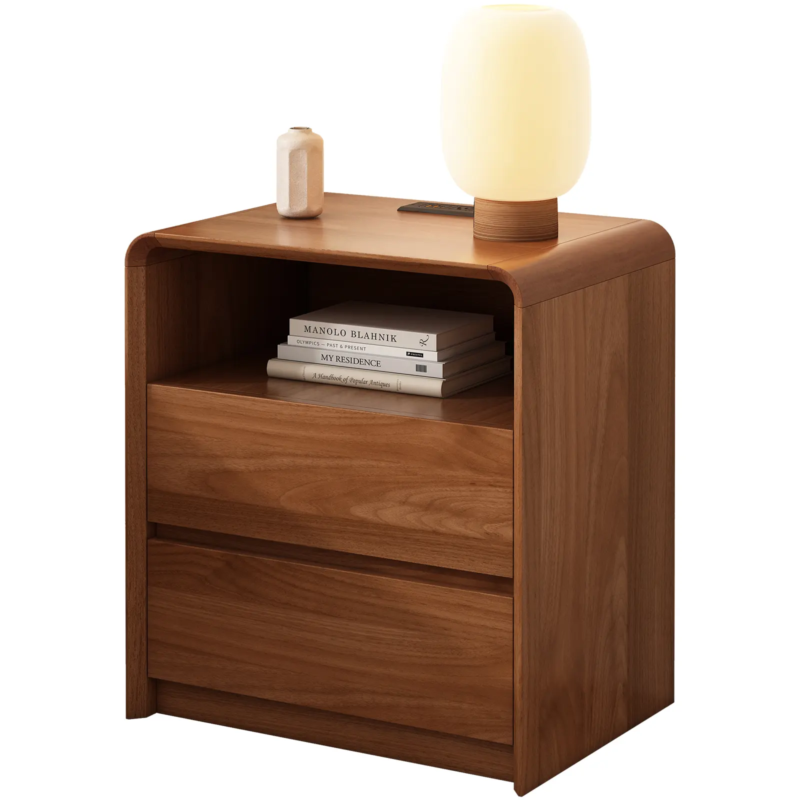 LAZEAMO Modern Walnut Cube Nightstand with Charging Station - 2 Handleless Drawers, 21.6" Wide Bedroom Bedside Table, Curved Anti-Collision Edges, Natural Wood Grain Finish, USB Ports, AC Outlets, Assembly Required, Storage
