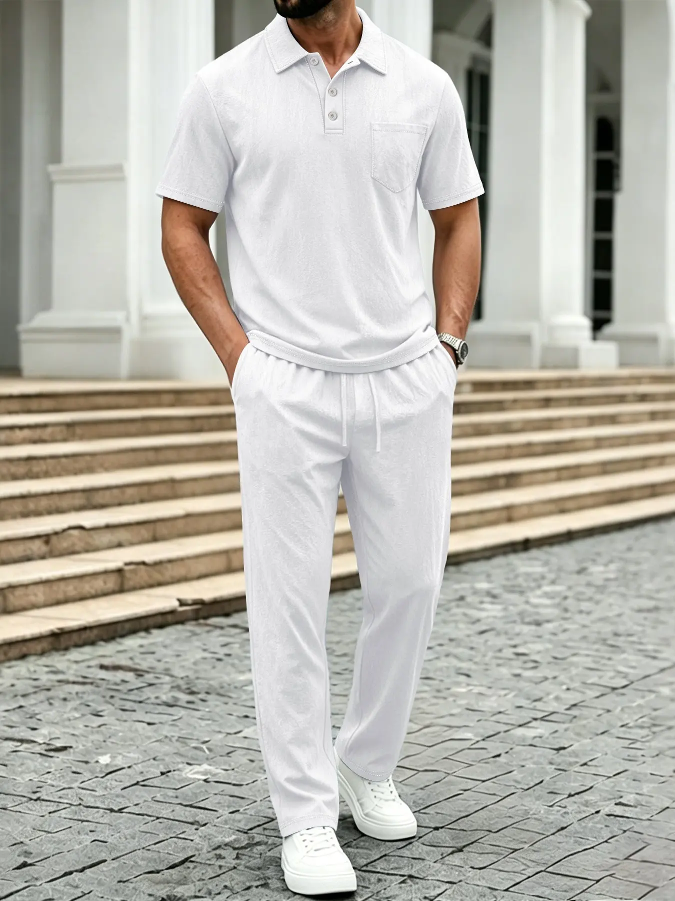 Men's Washed Crinkle Linen-Style Fabric Polo Set, Collar 3-Button Short Sleeve + Drawstring Straight Pants, Casual Classic 2-Piece Outfit