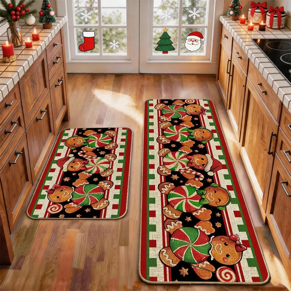 2 Pcs Christmas Kitchen Rug Mat Gingerbread Man Tree Santa Clause Snowflake Red Black Floor Mat Set Farmhouse Kitchen Rug Non Slip Restaurant Floor Dining Room Laundry Room Decor Carpet Mat Winter Decor Home Decor Rug