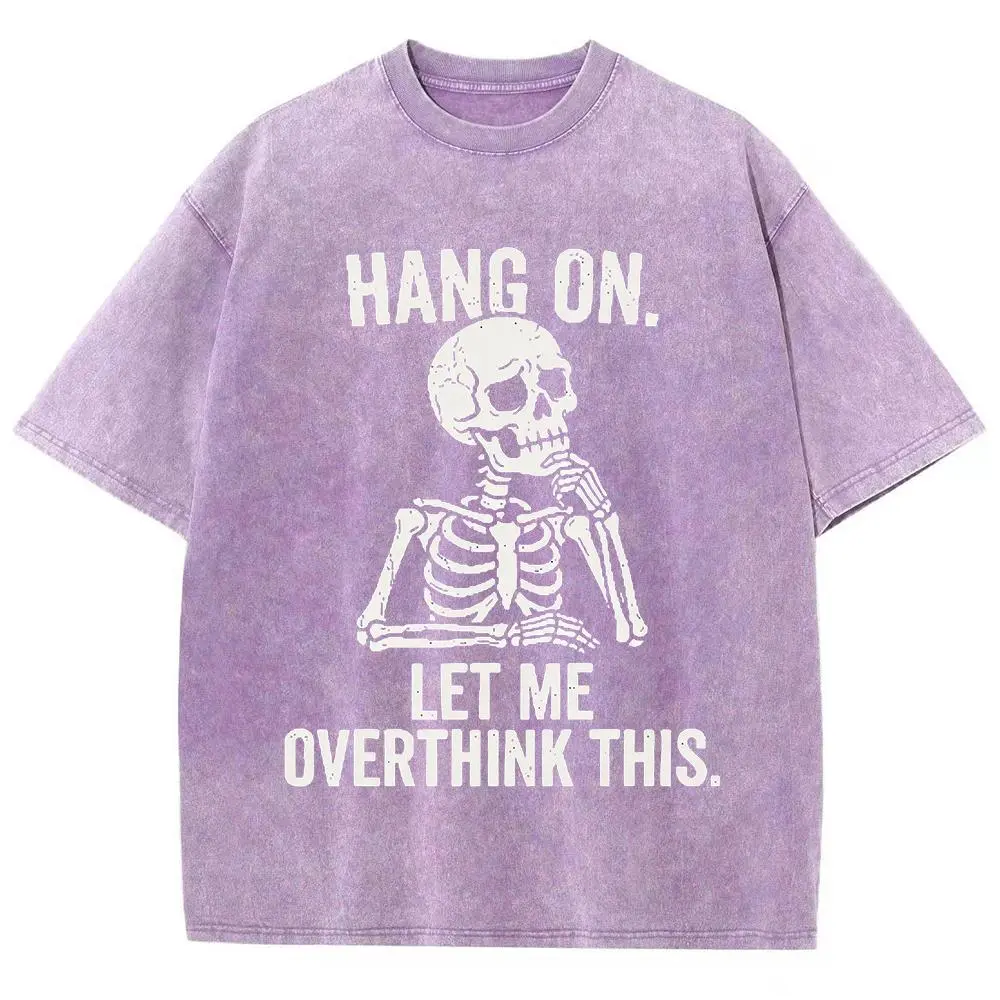 Men's Shortsleeve T-Shirt in a Vintage Washed Oversized Fit, Funny 'Overthink This' Skeleton Graphic, Sarcastic Anxiety Meme Slogan, Mental Health Matters Slogan Men's Short-Sleeve T-Shirts, Tops, Menswear, Washed Look