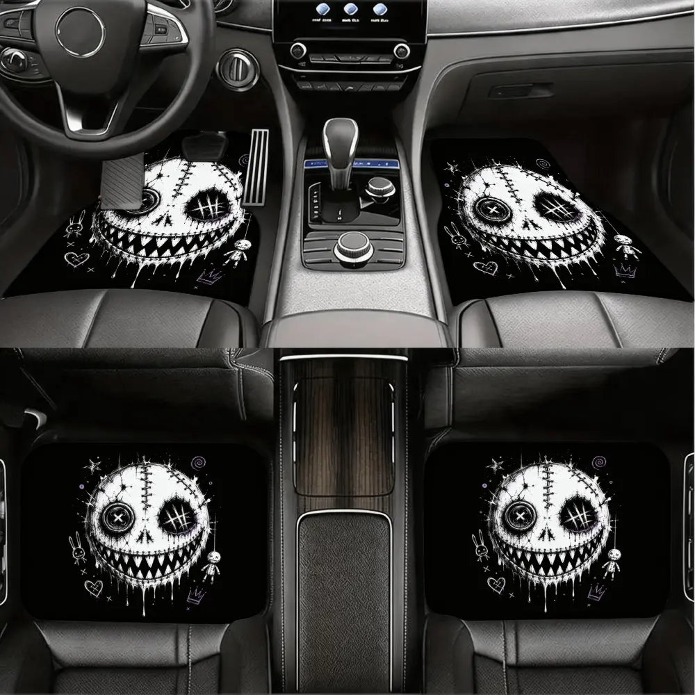 Gothic Style, Car Floor Mats, Jack Skellington Skull Pattern, Non-Slip Rubber Backing, Halloween Car Interior Accessories, 4 Piece Set