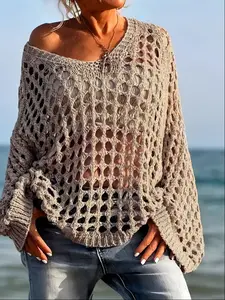 Women's Casual Style Everyday Loose-Fit Baggy V Neck Top, Lightweight, Hollow Out Design, Polyester Knit Fabric, Hand Washable, All Season Wear, Knitwear, Summer