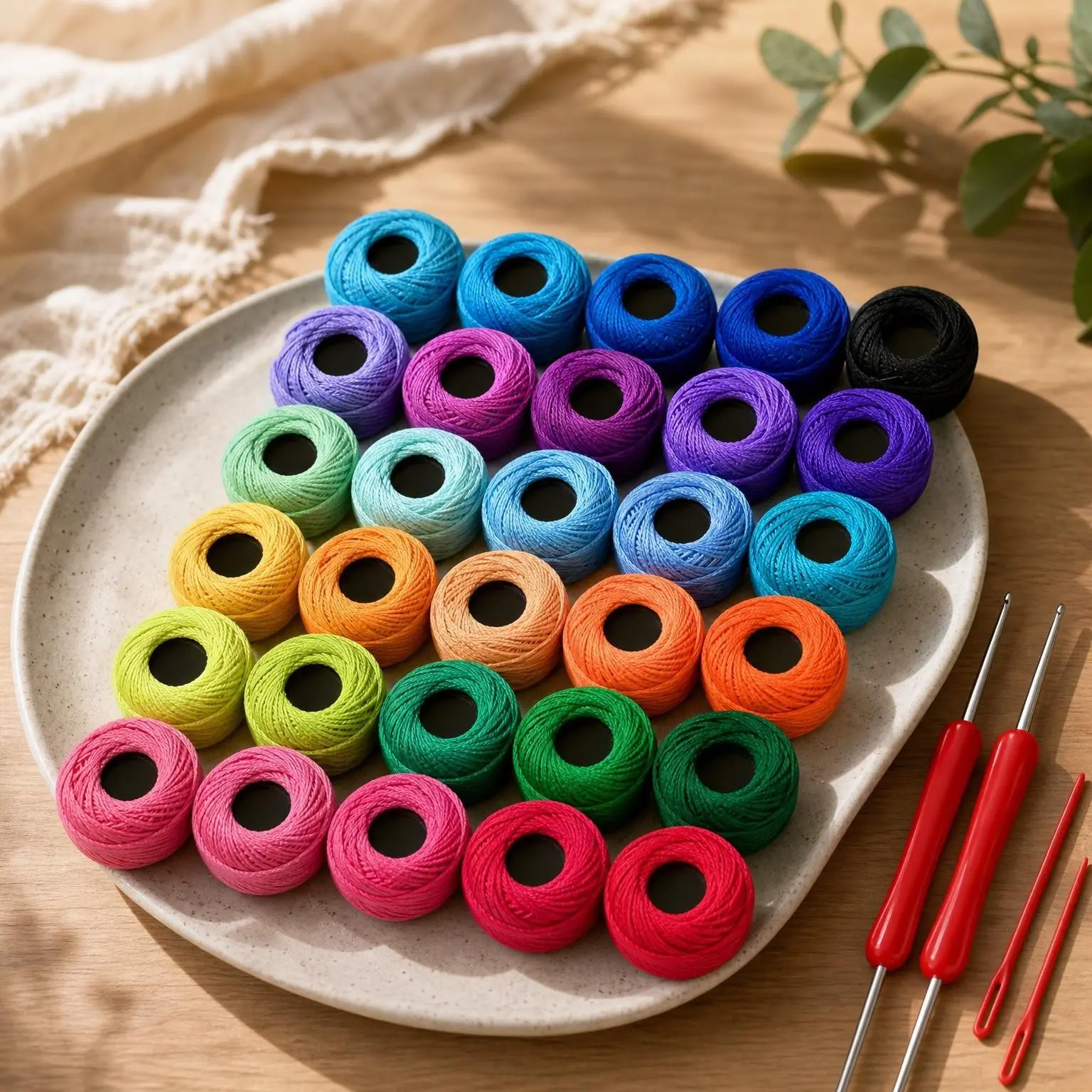 Size 3 Crochet Thread Kit Cotton Thread Balls 30 Popular Rainbow Colors with Free Set of 2 Crochet Hooks and 2 Knitting Needles for Beginners and Experienced Crochet Enthusiast