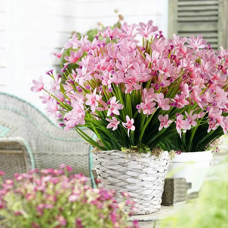 Decorative Artificial Eucalyptus Flower Bundles (Multiple Packs: 6/8/20), UV-Resistant Plastic Greenery with White Buds, Outdoor-Indoor Ornaments for Garden, Wedding, Porch Decor, Hand Tools Kit Included