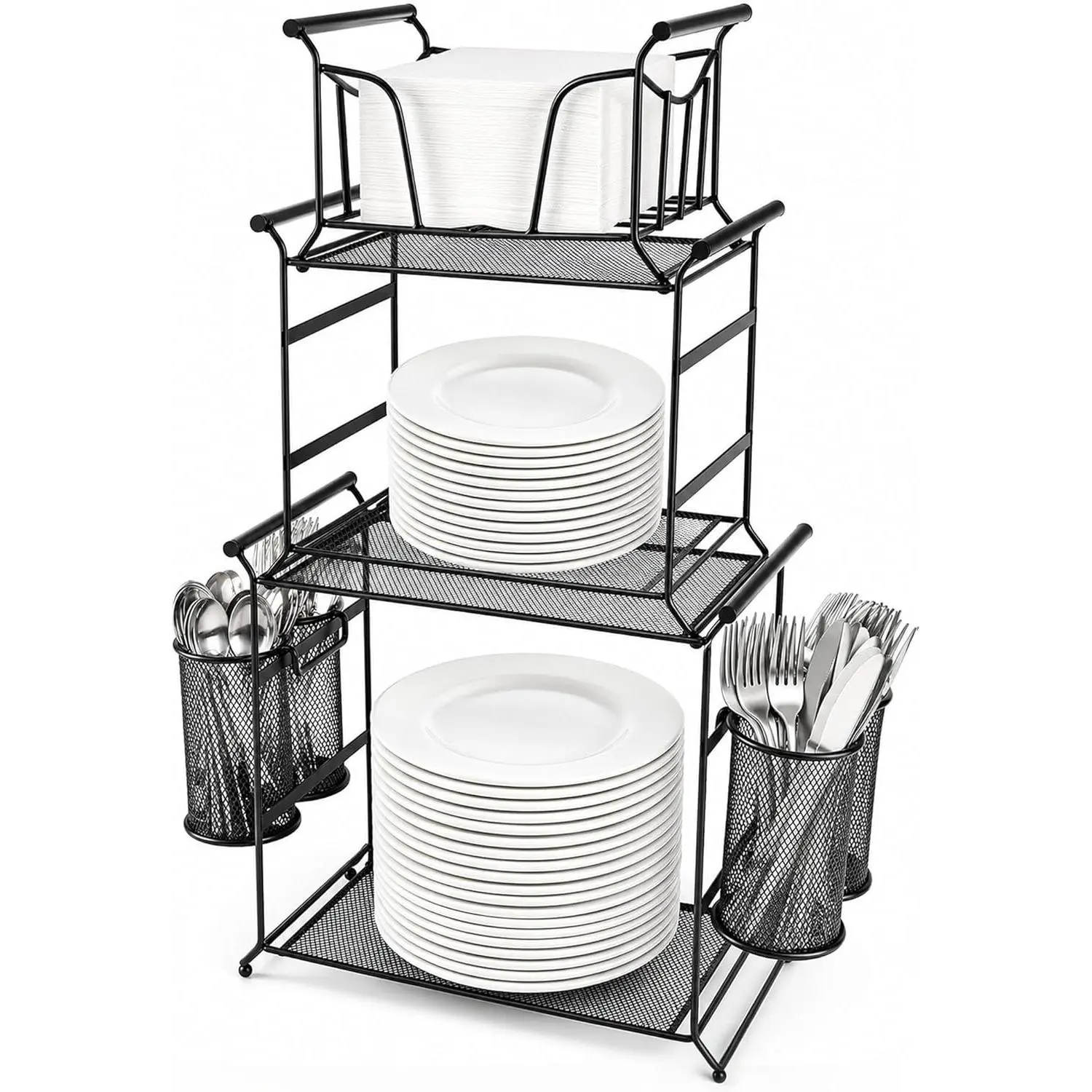 3-Tier Buffet Caddy, 7-Piece Set Stackable Paper Plate and Utensil Holder for Party, Detachable Mesh Silverware Organizer for Countertop, Metal Serving Station for Hosting Party Essentials
