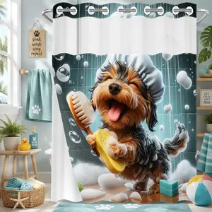 1PC/4PCS 2D Flat Printing Cute Dog Taking a Bath Patterned Printed Shower Curtain, home bathroom decor, home goods, shower curtain set with 12 hooks, non-slip bathroom rug, U-shaped toilet seat cover, toilet seat mat.