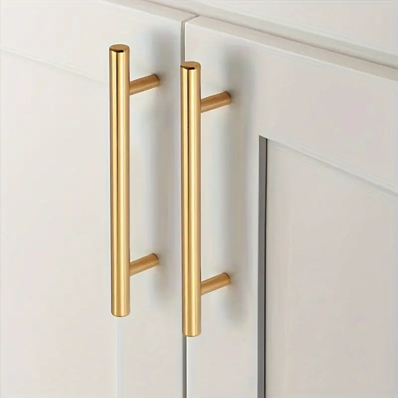 10-Pack Champagne Gold Cabinet Pull Stainless Steel T-Bar Cabinet Door Handles Kitchen Door Levers, for Bathroom, Cupboard, Wardrobe, Furniture Hardware (96mm Center-to-Center)