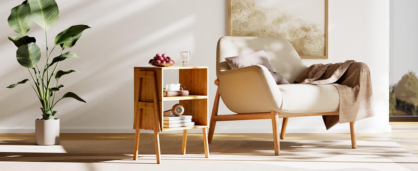 Bamboo Stackable End Tables, Wood Living Room Nightstand, Bedside Tables for Bedroom Storage, 2PCS