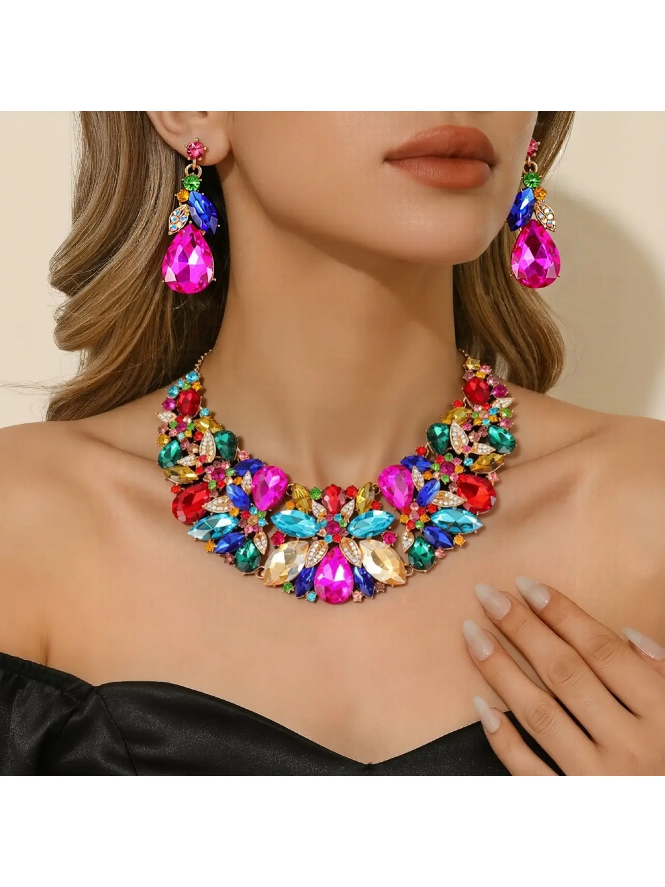jewelry set, full-diamond fashion necklace, bridal dress wedding banquet accessories, women's earrings and necklace two-piece se