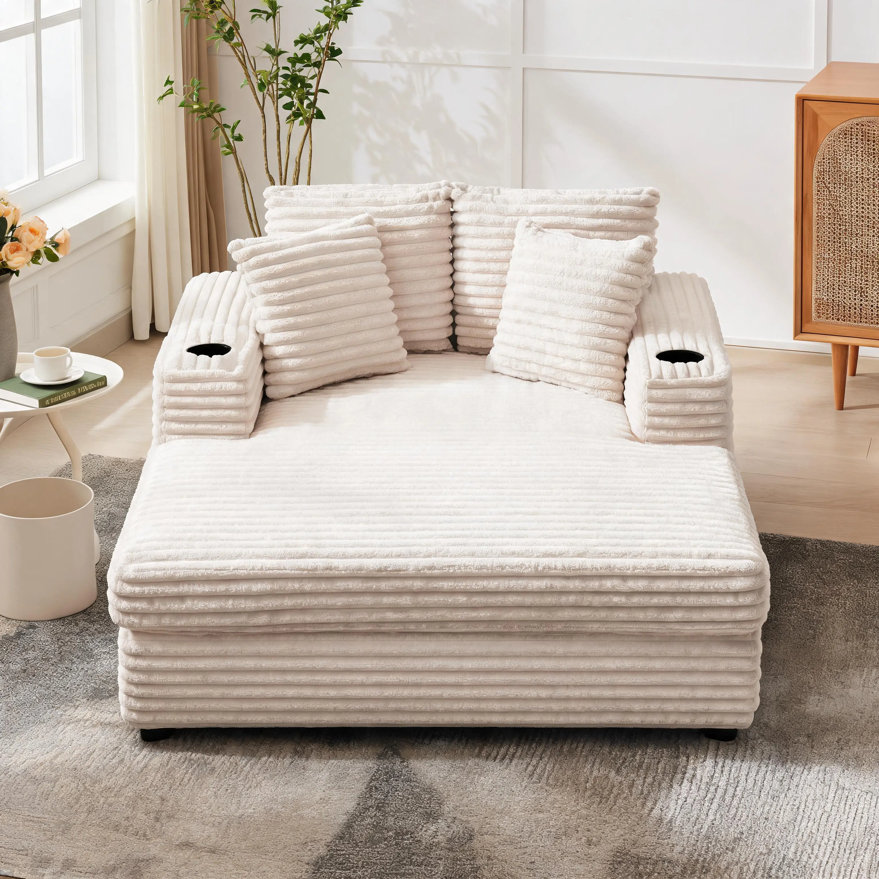 60" Oversized Chaise Lounge Chair, Corduroy Upholstered Sleeper Sofa Bed, Cloud Couch Chair with Cup Holder & Charging Port for Living Room, Bedroom, Dorm