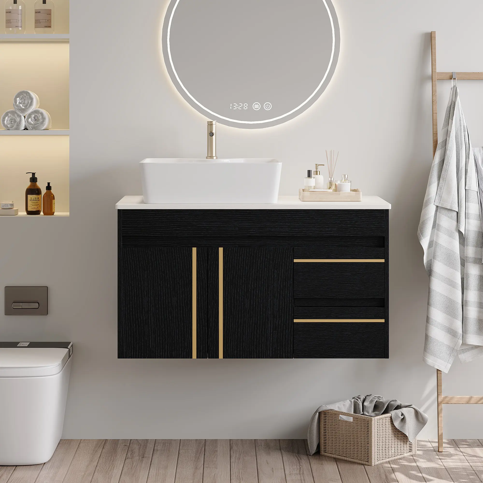 Nokaa 36-Inch Wall-Mounted Bathroom Vanity with Ceramic Sink, Soft-Close Door & Drawers, Floating Design, Multiple Color Options, Modern Storage Cabinet for Bathroom
