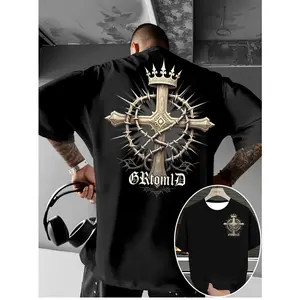 Men's T-shirt with Cross and Crown Print on the Back, Street Style, Suitable for Daily Casual Wear, Loose Drop-shoulder Fit, Crew Neck Short-sleeve T-shirt, PLUS SIZE