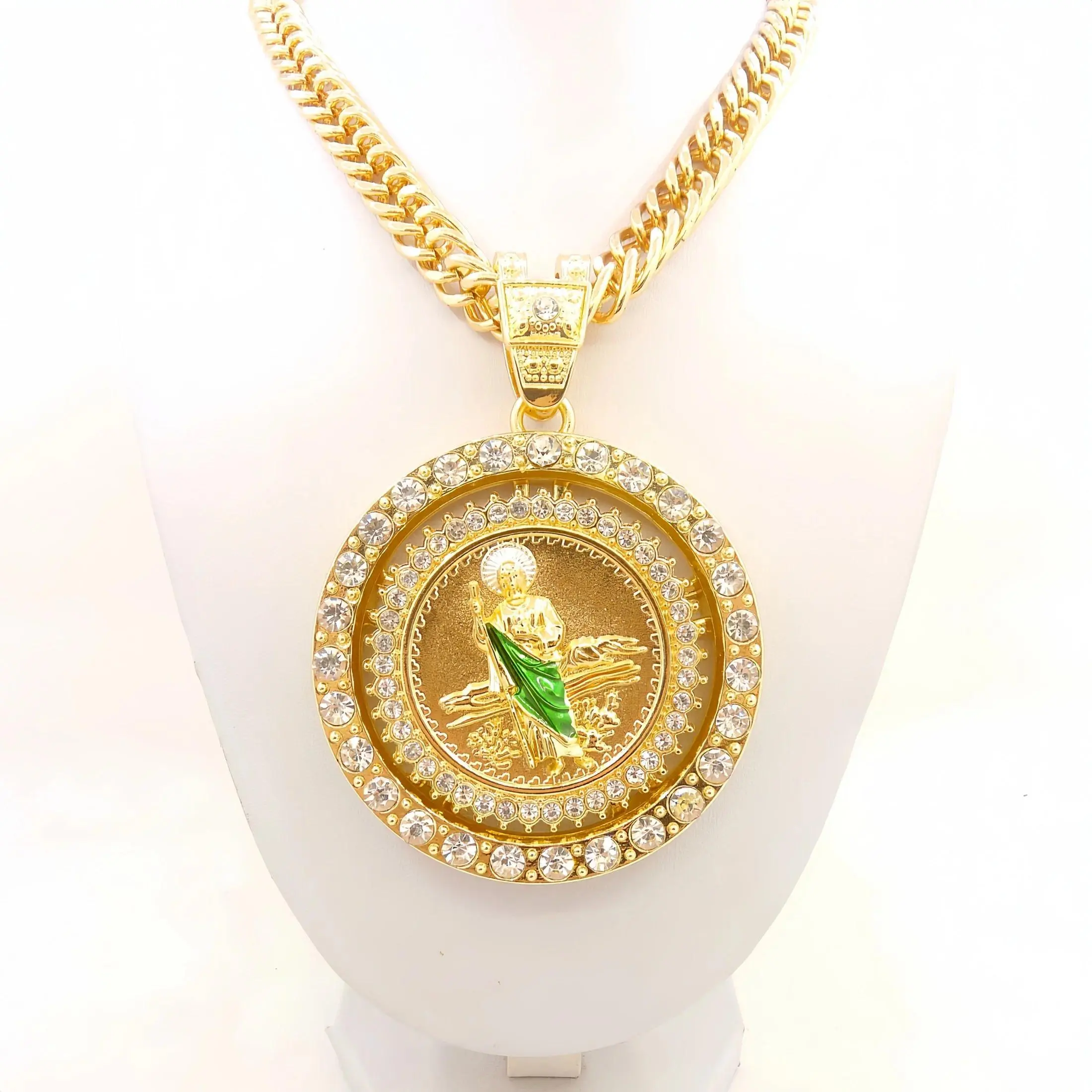 14K Gold-Plated St. Jude Virgin Mary Coin Pendant Necklace with Rotating Wheel Hip-Hop Style Cuban Chain Jewelry