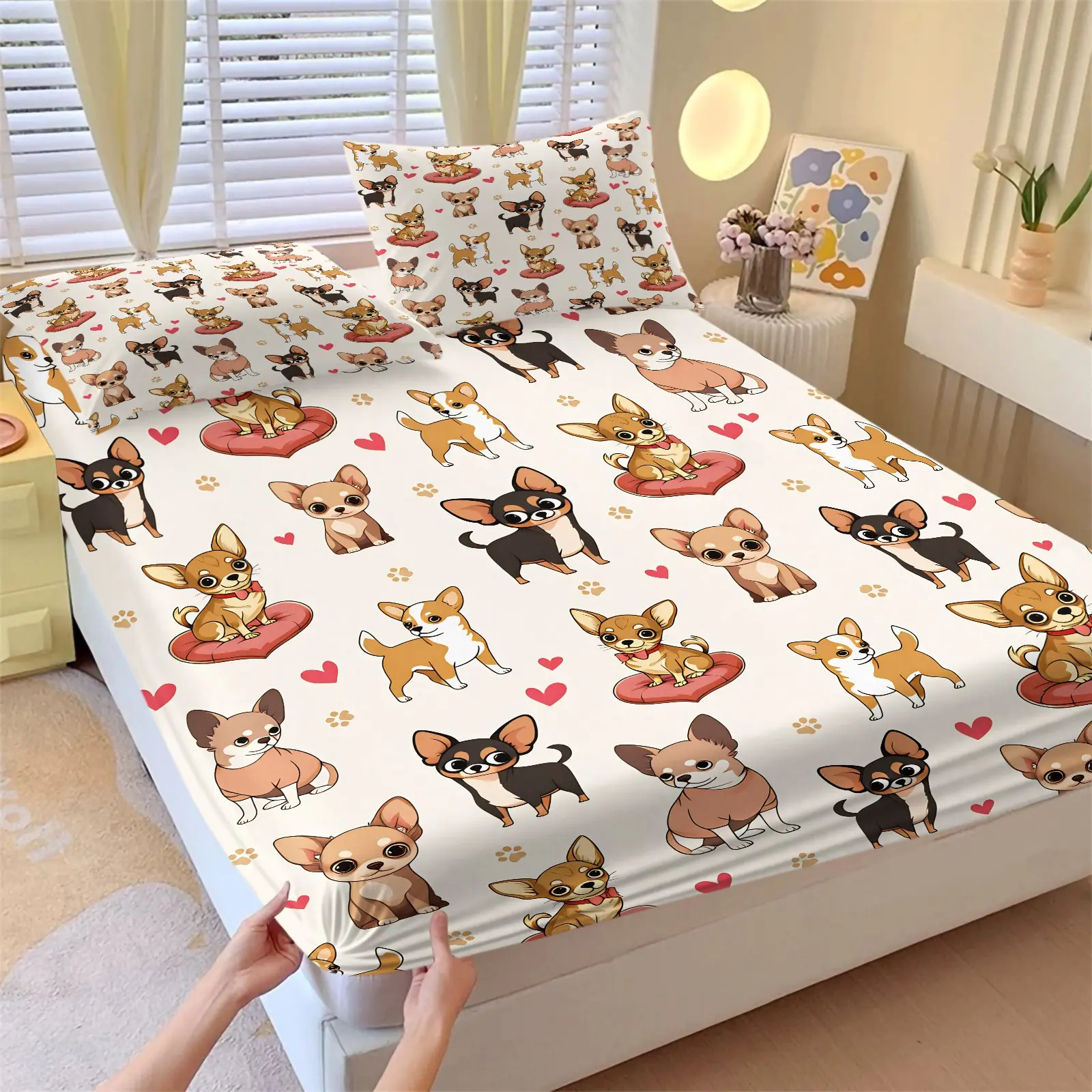 White Base Cute Heart Chihuahua Cartoon Print Fitted Sheet set, 1 Fitted Sheet + 2 Pillowcases, Soft Breathable Skin-Friendly Bedding, All Season Use, Deep Pocket Mattress Cover For Kids, Teens, Adults & Dog Lovers Bedroom