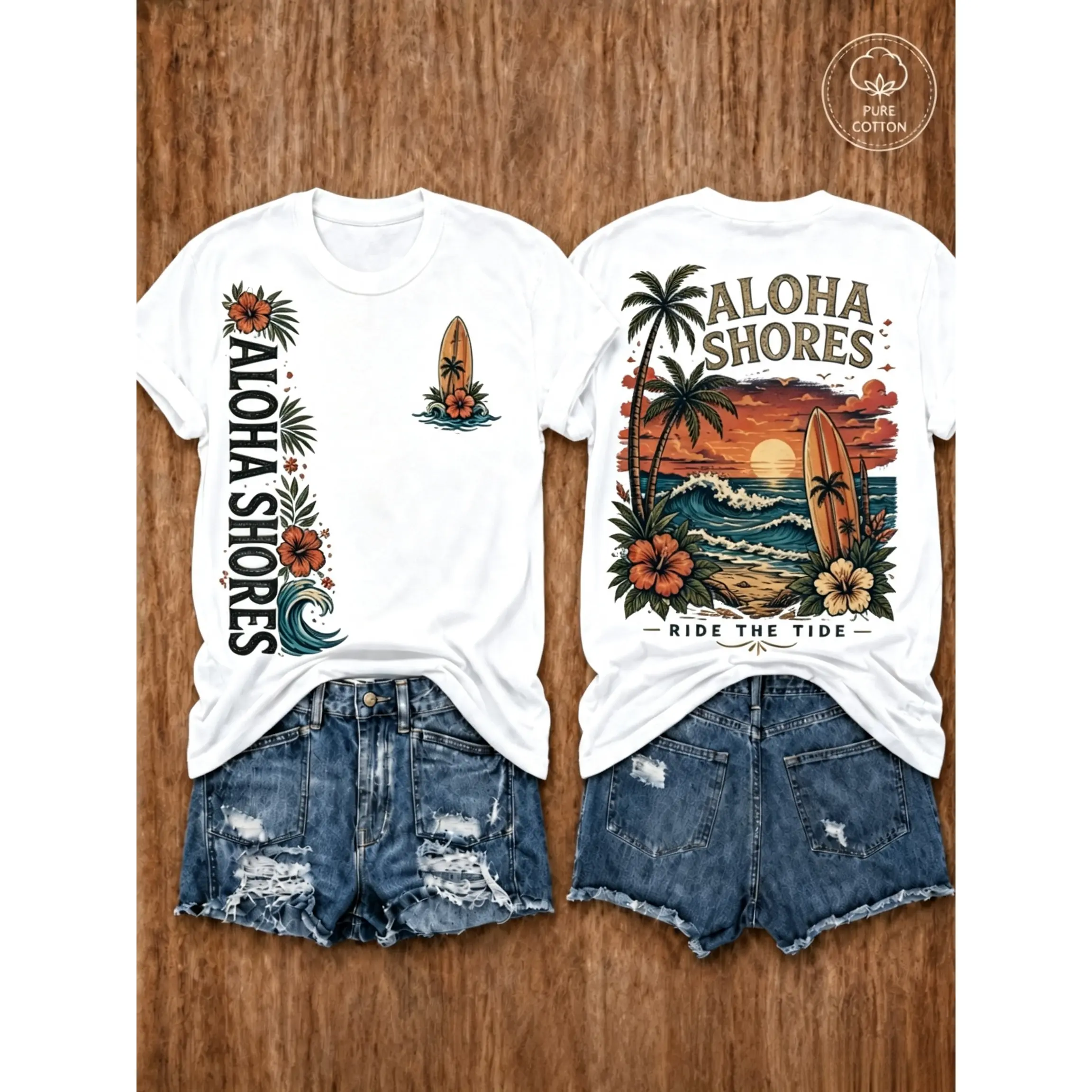 Women'S Tropical Surfboard Wave Graphic T-Shirt, Floral, Palm Tree And Sunset Front And Back Print, Crew Neck Short Sleeve Casual Tee for Surfing, Beach Travel And Daily Wear,tshirts women,camisetas de mujeres