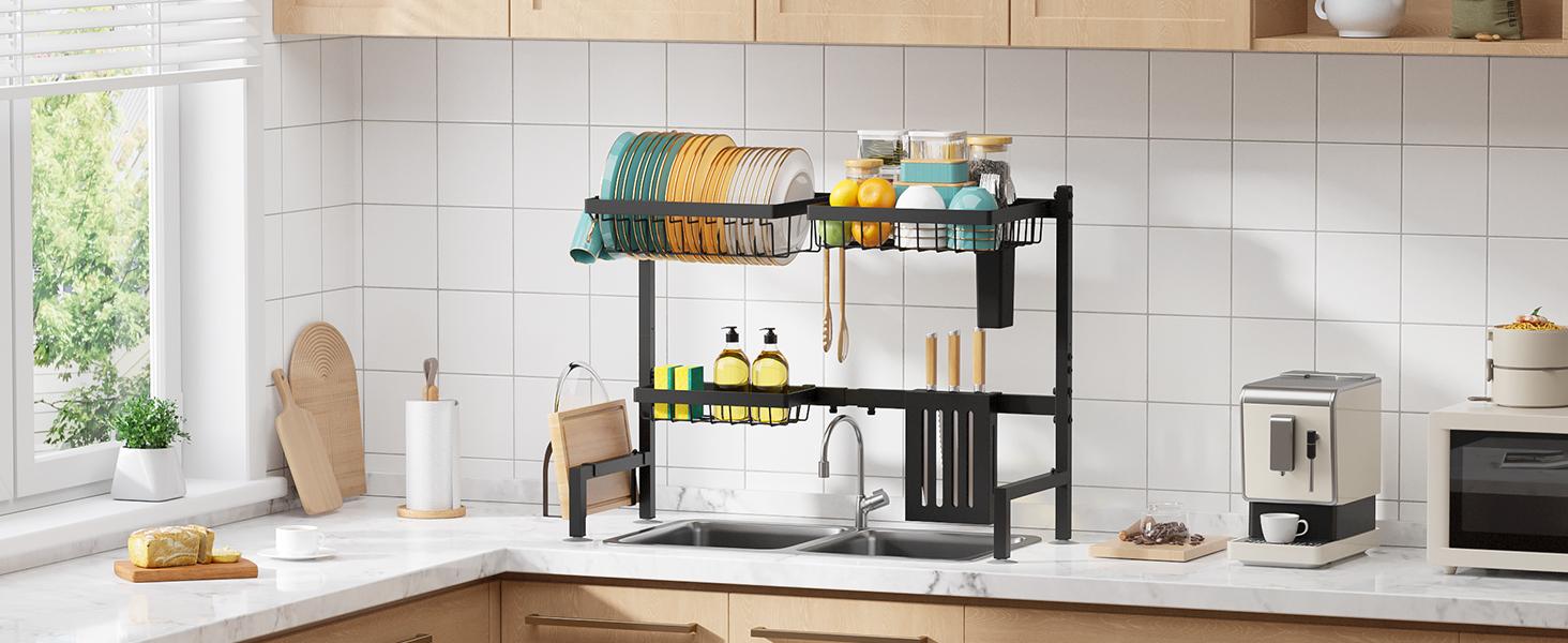 Over The Sink Dish Drying Rack - Adjustable 2 Tier Large Capacity Stainless Steel Drainer with Cutlery & Utensil Holders, Kitchen Storage & Organization, 30"-33.9" L x 11" W x 21.5" H, Black