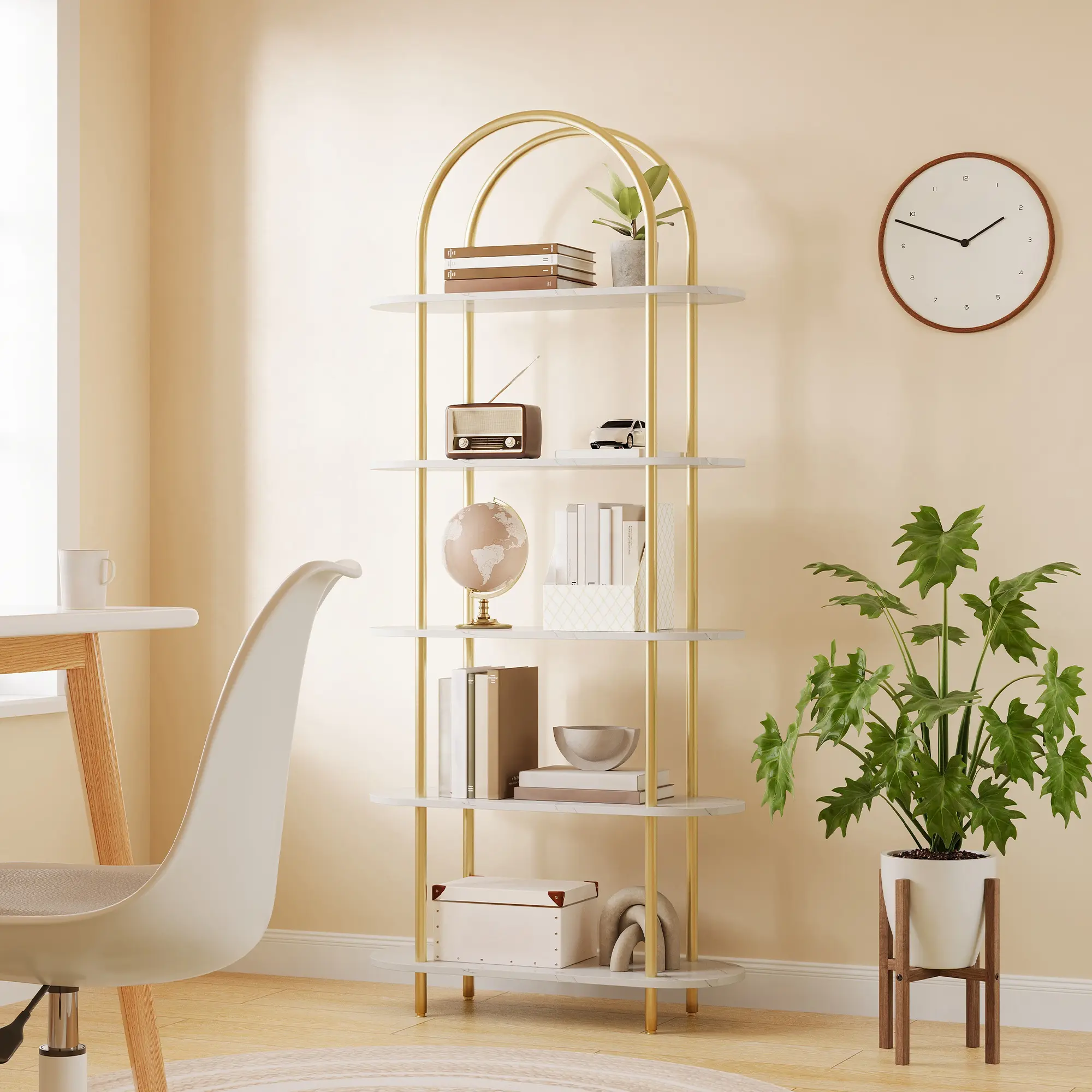 71" Tall Arched 5-Tier Bookshelf-Industrial Open Bookcase, Freestanding Bookcase for Home Office, Living Room, Bedroom, Adjustable Feet, Anti-Tip Kit