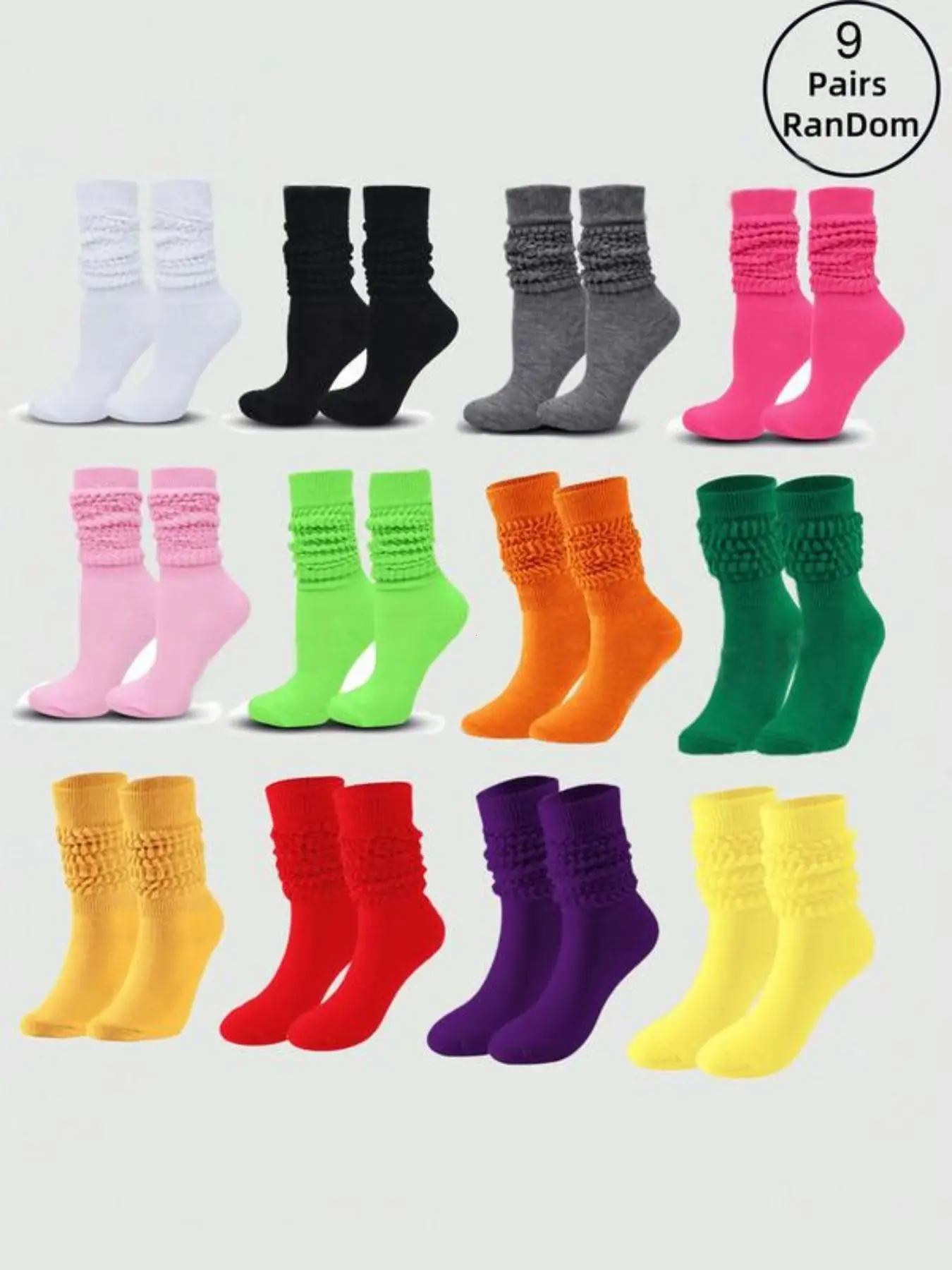 9 Pairs Random Color Women's Crew Socks, Cute Fitted Cartoon Pattern, All-Season Comfortable Breathable, Ideal for Year-Round Wear, Breathable Knit Socks
