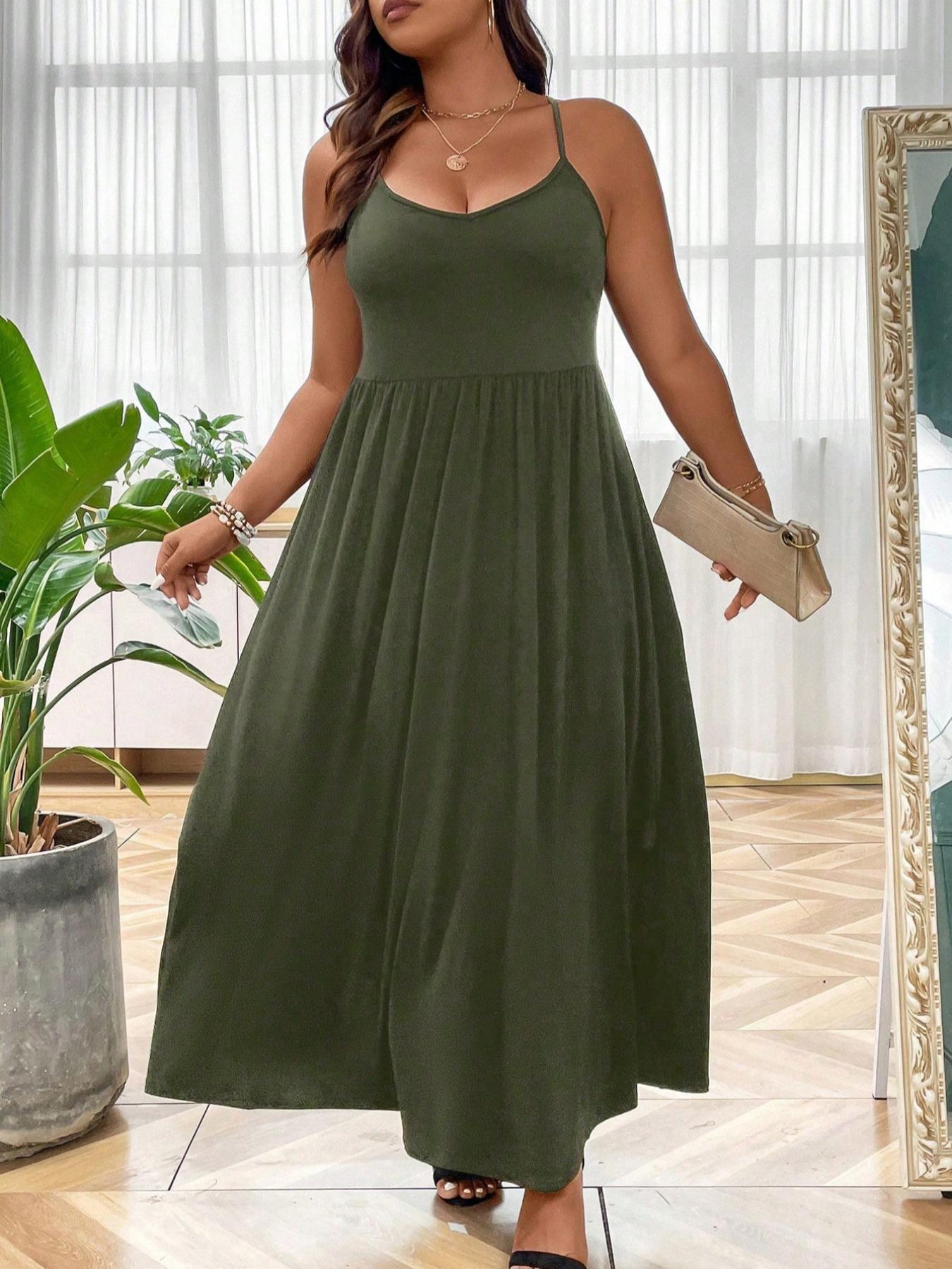 Plus Size Criss Cross Backless Cami Dress, Casual Solid Sleeveless Spaghetti Strap A-Line Dress for Summer, Women's Clothes for Party Holiday Womenswear Plus Size Criss Cross Backless Cami Dress, Casual Solid Sleeveless Spaghetti Strap A-Line Dress for Summer, Women's Clothes for Party Holiday Womenswear