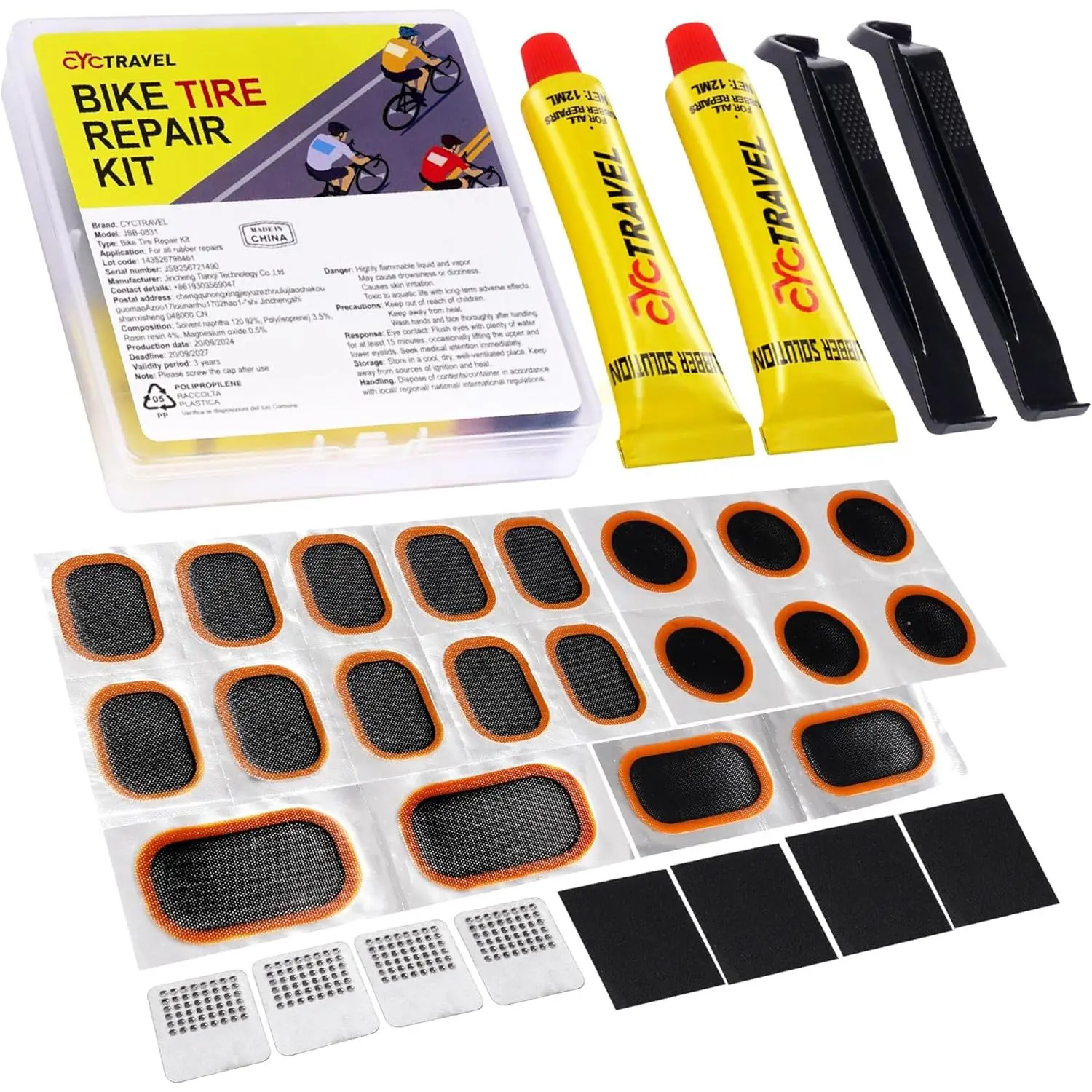 Outdoor sports Bike Tire Repair Kit, Bicycle Inner Tube Puncture Patch Kits with 20 PCS Vulcanizing Patches, User Manual, Metal Rasp and Tire Lever, Bike Patch Kit for Mountain and Road Bike