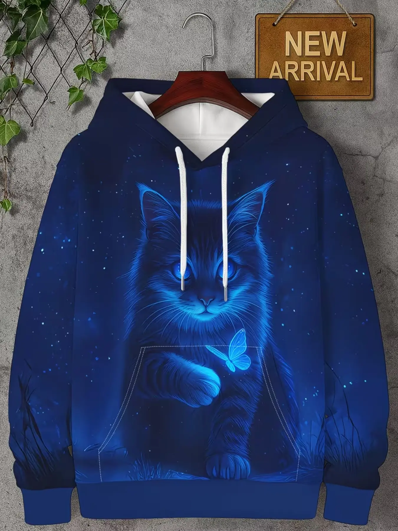 Adult Soft Dream Cat Hoodie, 3D Blue Glowing Cat and Butterfly Print, Loose-Fit Pullover with Hat and Pockets, Fall Unisex Streetwear