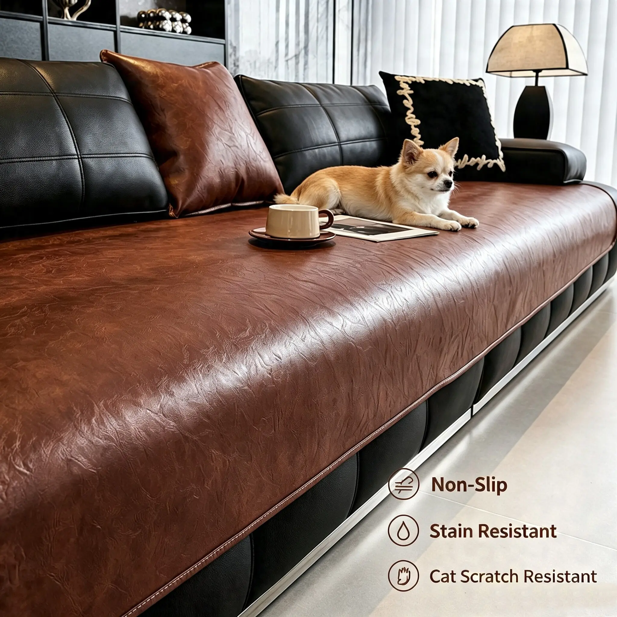 Luxurious Leather-Look Sofa Cushion, Waterproof Stain-Resistant Non-Slip Sofa Cover, Plain Minimalist Design, Pet-Friendly, Living Room Decor
